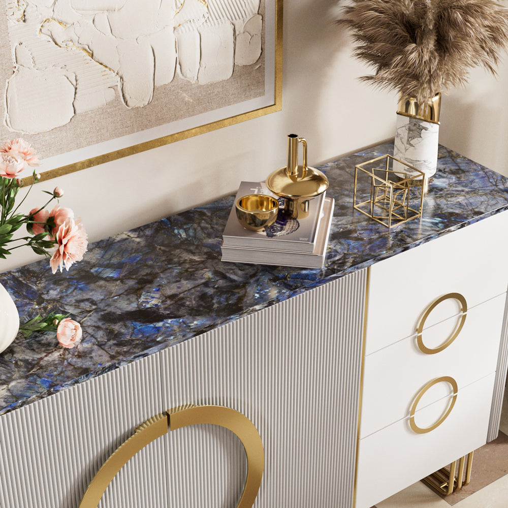 62.4" Sleek Modern White and Gold Buffet Cabinet with Circular Accents
