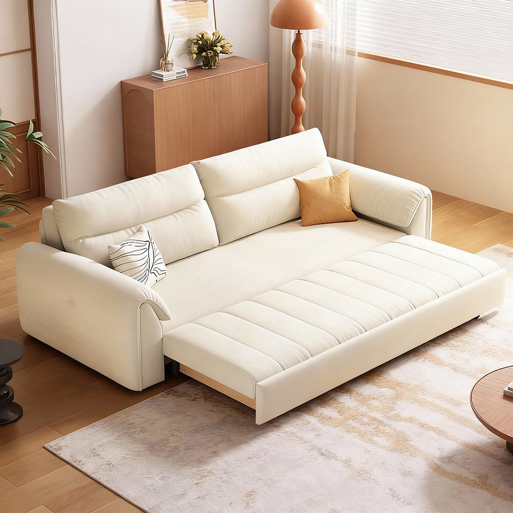 Side view of velvet sofa bed showing clean lines and sturdy wood frame