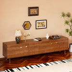 Load image into Gallery viewer, 78" Retro TV Stand Carved Geometric Pattern Solid Wood Cabinet Brass-Tipped Legs

