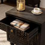 Load image into Gallery viewer, Modern Black Nightstand Wood Bedside Table Carved Door Storage Cabinet with Gold Handles

