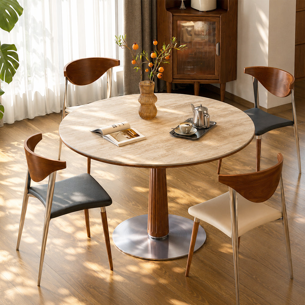 31.49" Modern Round Meeting Table Walnut Wood Veneer Pedestal Base Compact Dining & Conversation Table