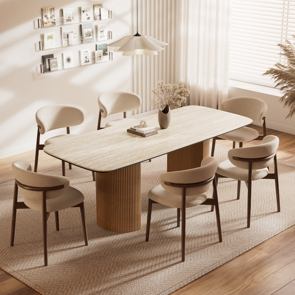 Square Dining Table White Marble Effect Top Semi-cylindrical Wooden Base for 6 People