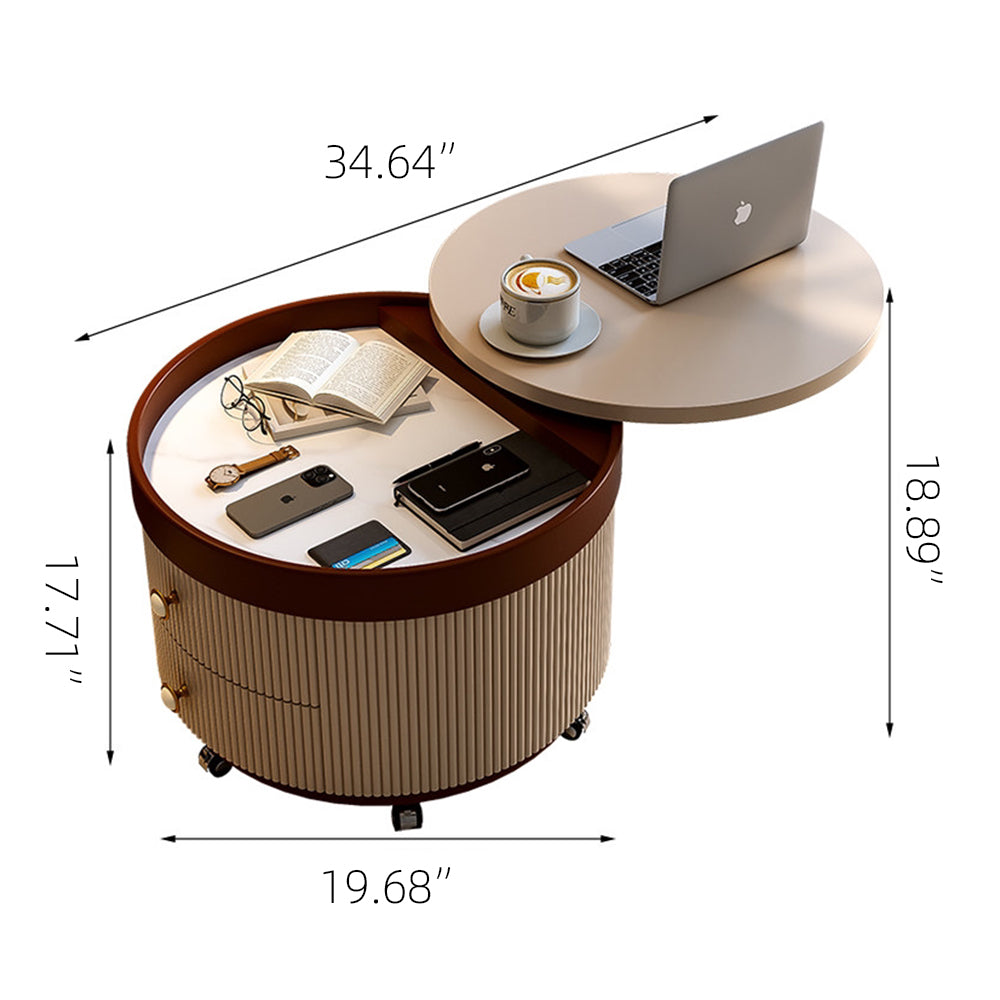 Modern Round Side Table with Hidden Storage and Drawers on Wheels