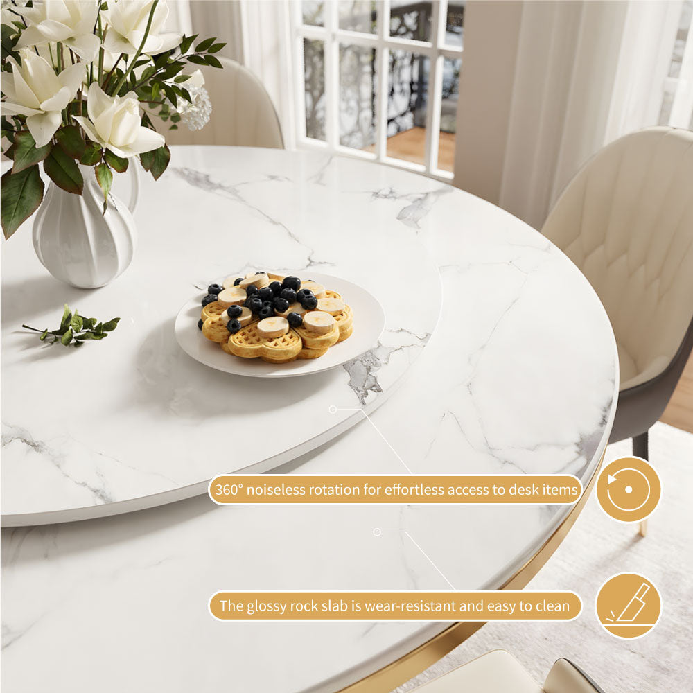 Round Dining Table Lazy Susan Marble Effect Ring Base Gold Accents Perfect for 4-6 People