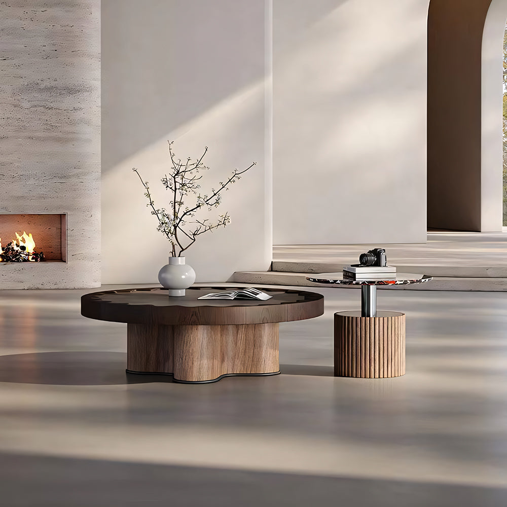 Modern Round Coffee Table Set with Sculptural Base & Glass Accent Side Table Luxury Contemporary Living Room Furniture