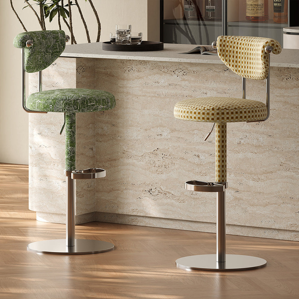 1 Piece Modern Adjustable Bar Stool with Geometric Woven Velvet Upholstery and Stainless Steel Base