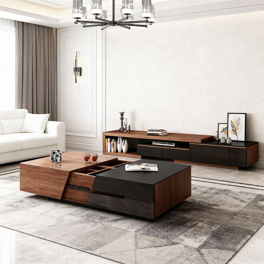 Modern Walnut & Black Extendable Coffee Table Expandable Design with Large-Capacity Storage