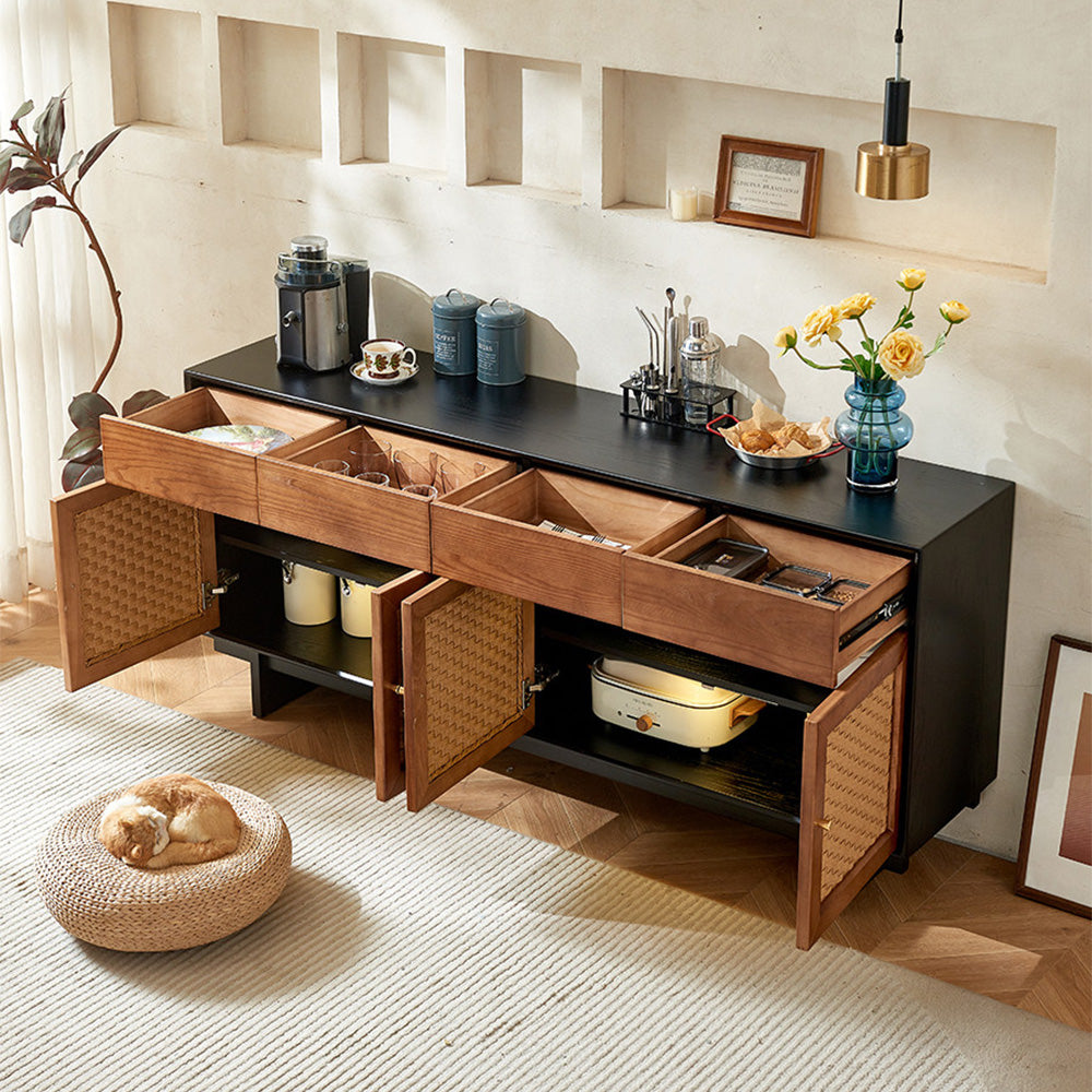 63" Bohemian Style Rattan Door Credenza Sideboard With Storage
