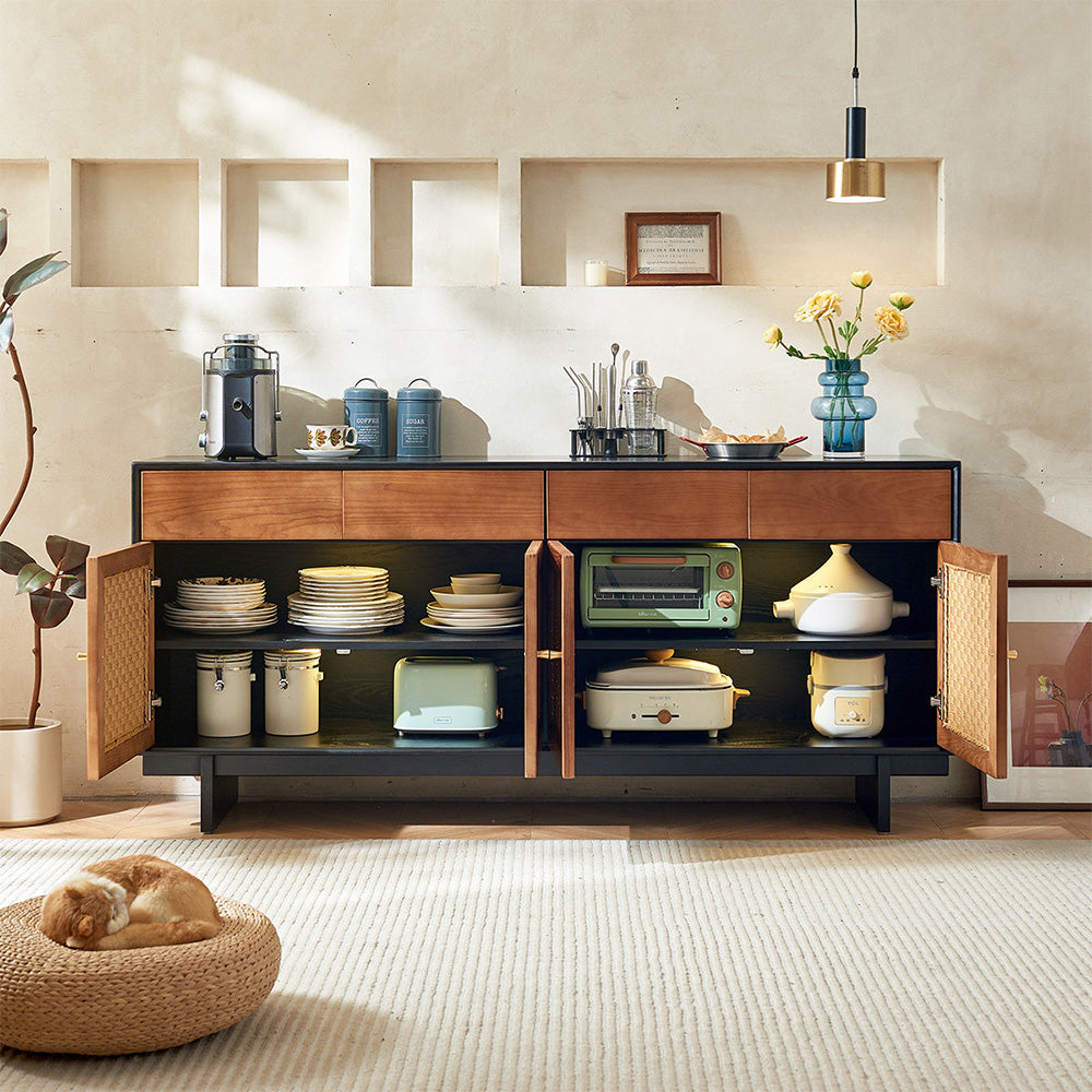 63" Bohemian Style Rattan Door Credenza Sideboard With Storage