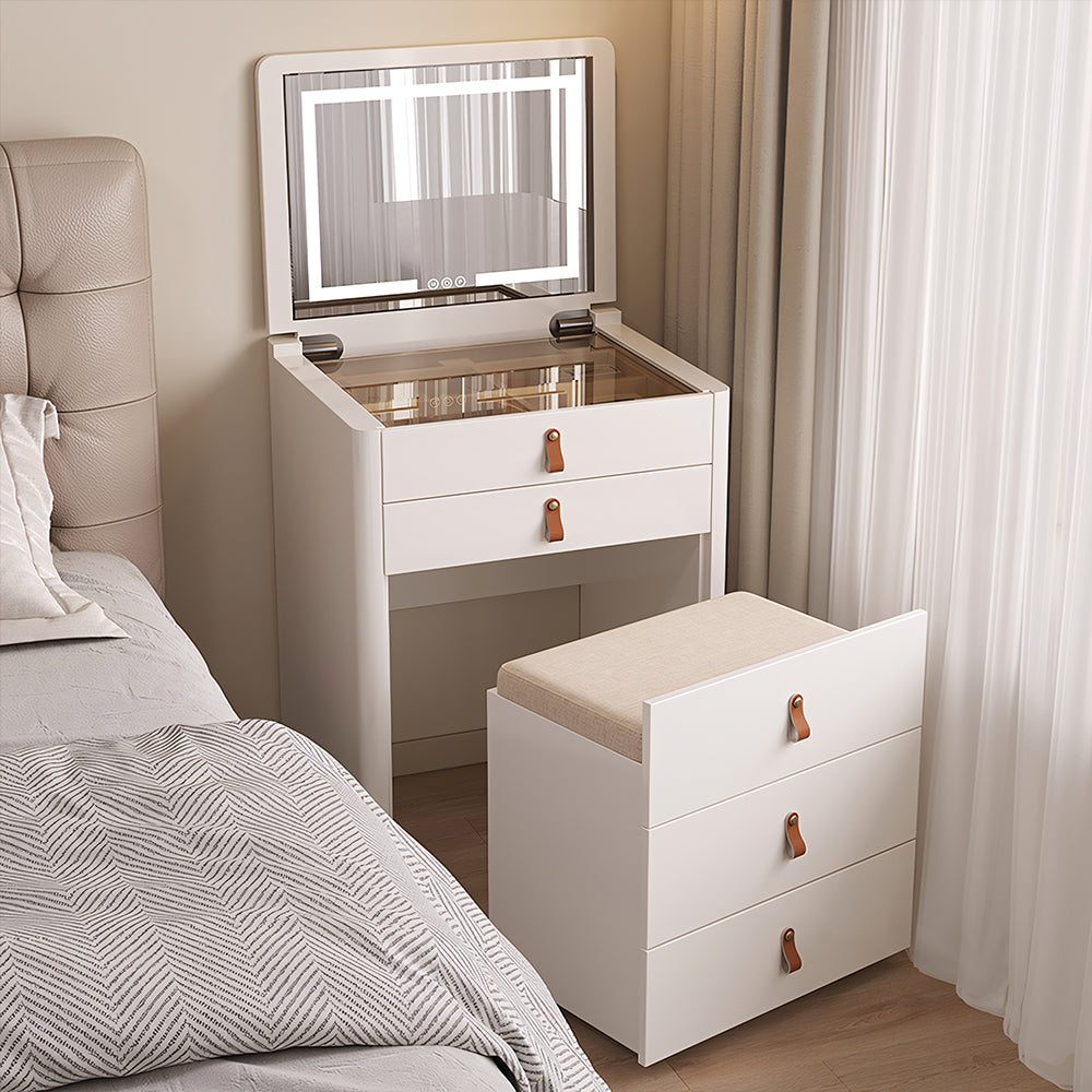 Functional Makeup Vanity Built-in Mirror Organized Storage Drawers Rolling Stool