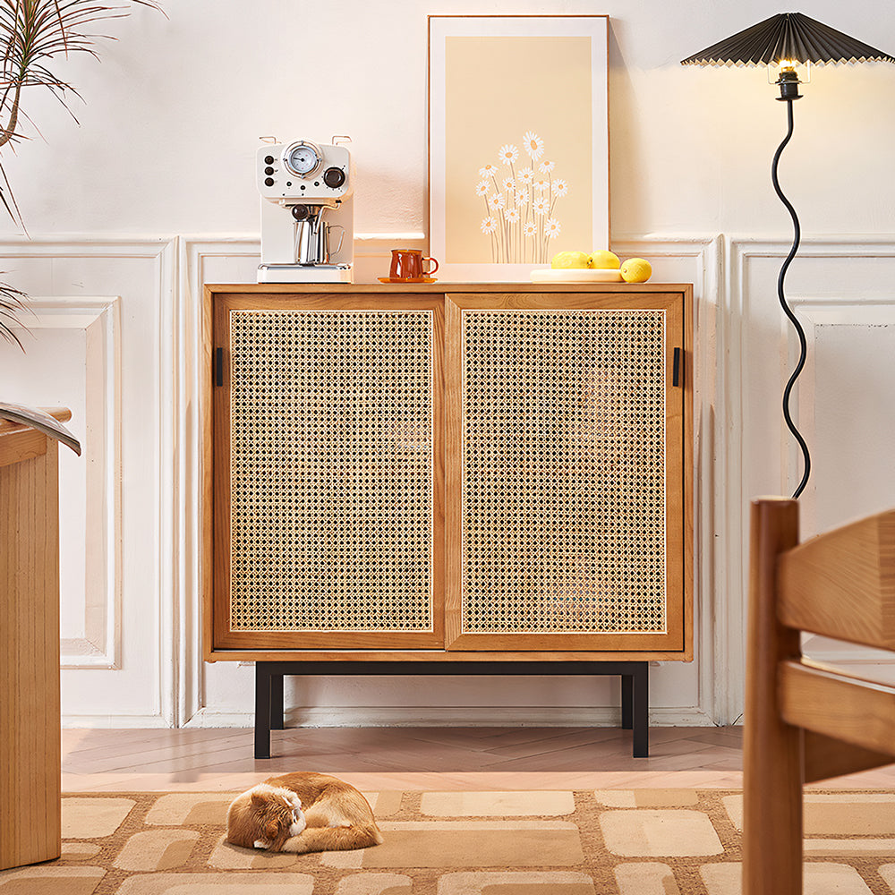 39" Modern Rattan Sideboard 2-Door Natural Wood Buffet Cabinet with Metal Legs
