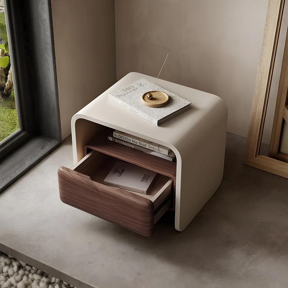 Sleek Modern Nightstand with Curved Edges Wooden Storage Drawer