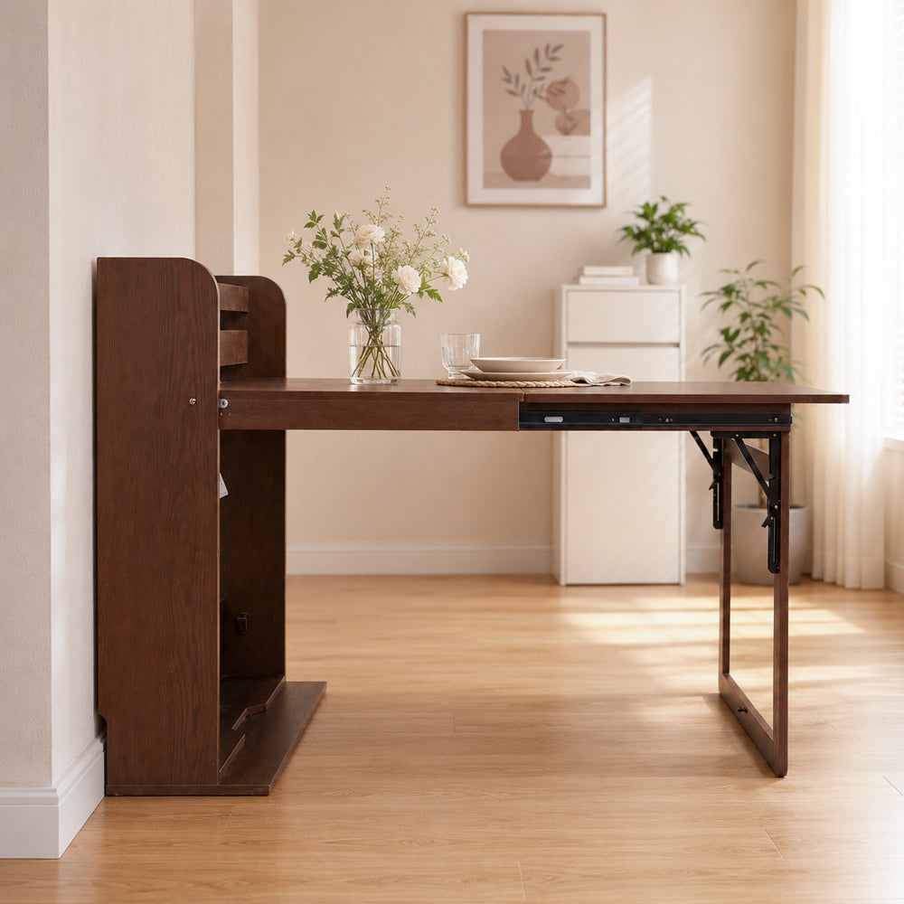 62" Wall-Side Murphy Foldable Dining Table with Integrated Shelf Storage