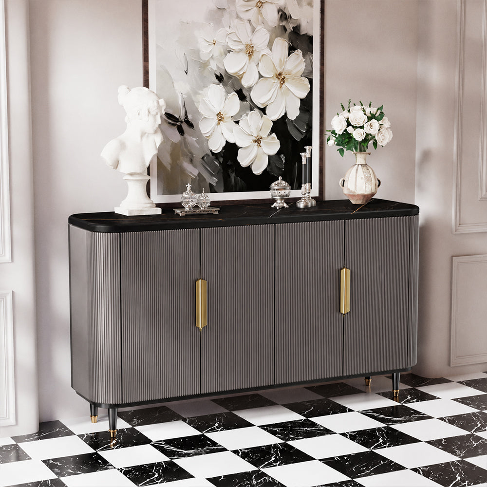 59'' Modern Luxury Elegant Gray and Gold Sideboard with Shelves