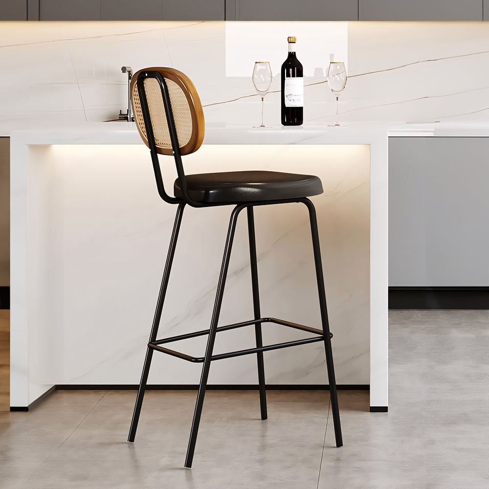 Modern Cane Woven Back Bar Stool PU Leather Seat Metal Frame Counter Height Bar Chair 1 Piece