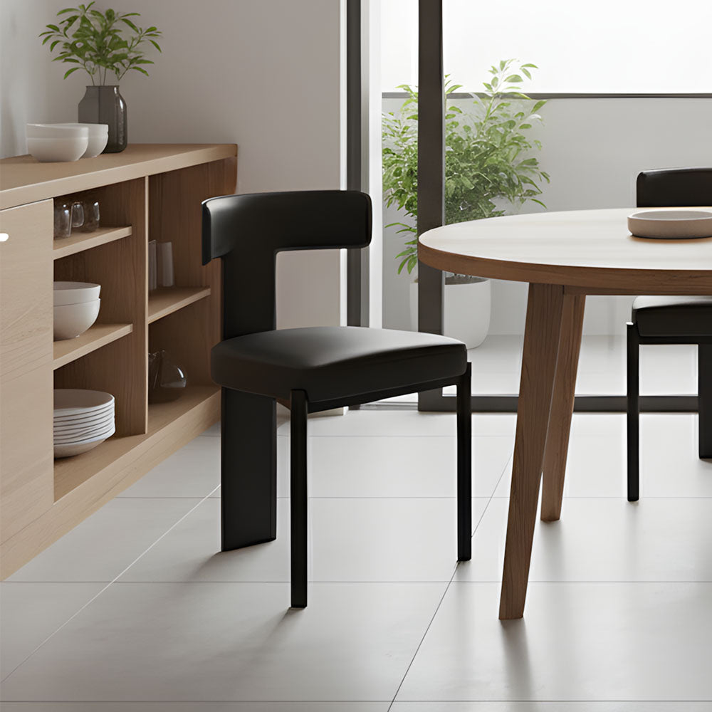 Modern Minimalist Sculptural Dining Chair Faux Leather Seat with Asymmetrical Geometric Backrest