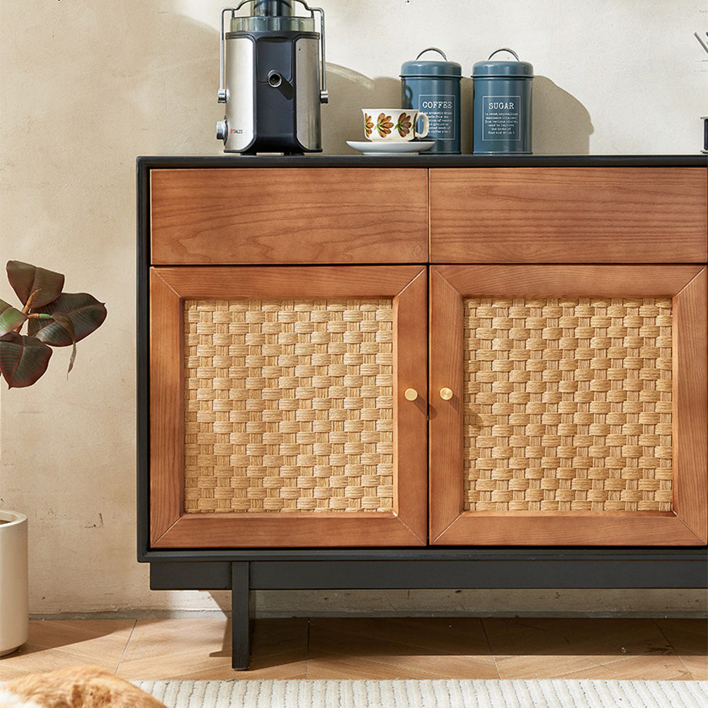 63" Bohemian Style Rattan Door Credenza Sideboard With Storage