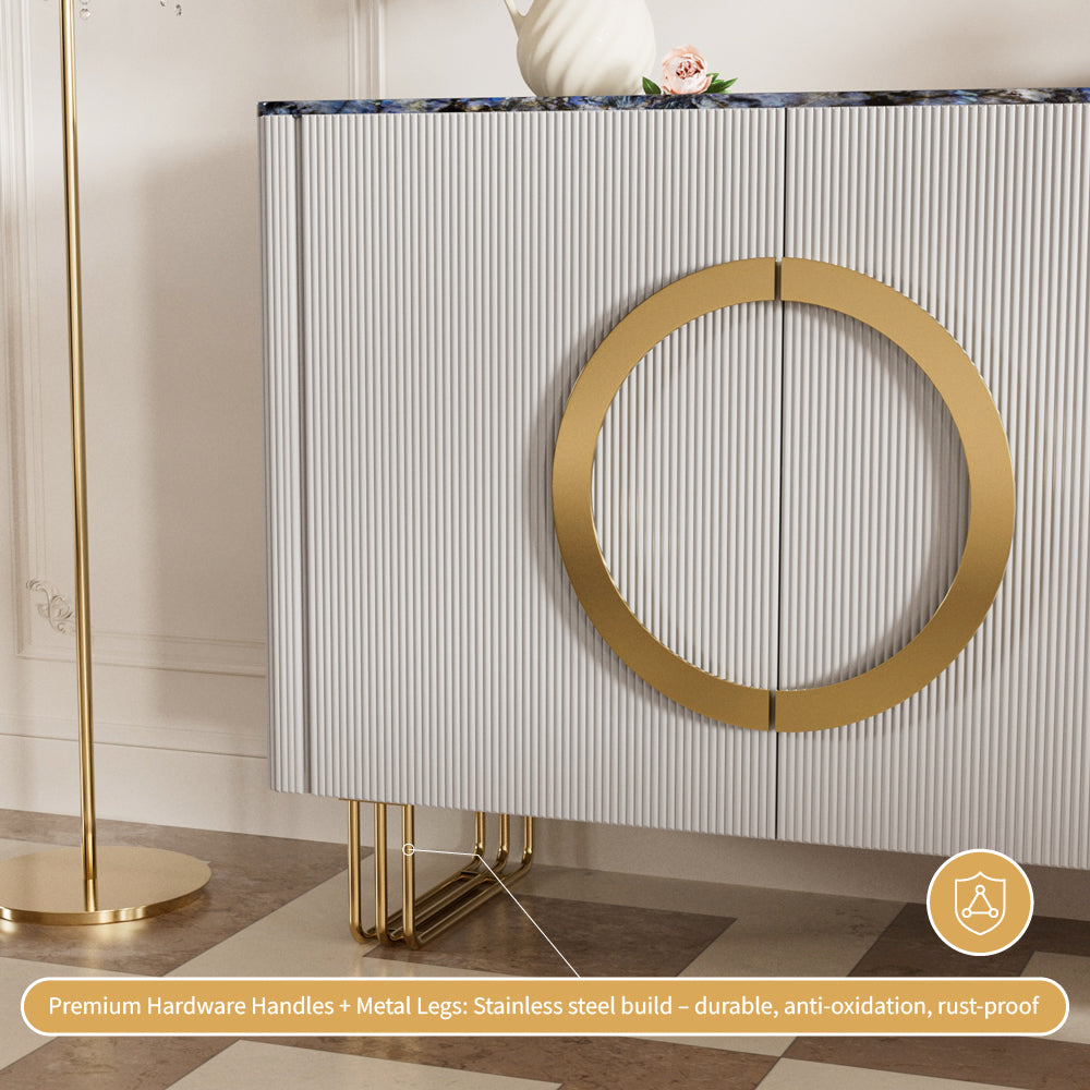 62.4" Sleek Modern White and Gold Buffet Cabinet with Circular Accents
