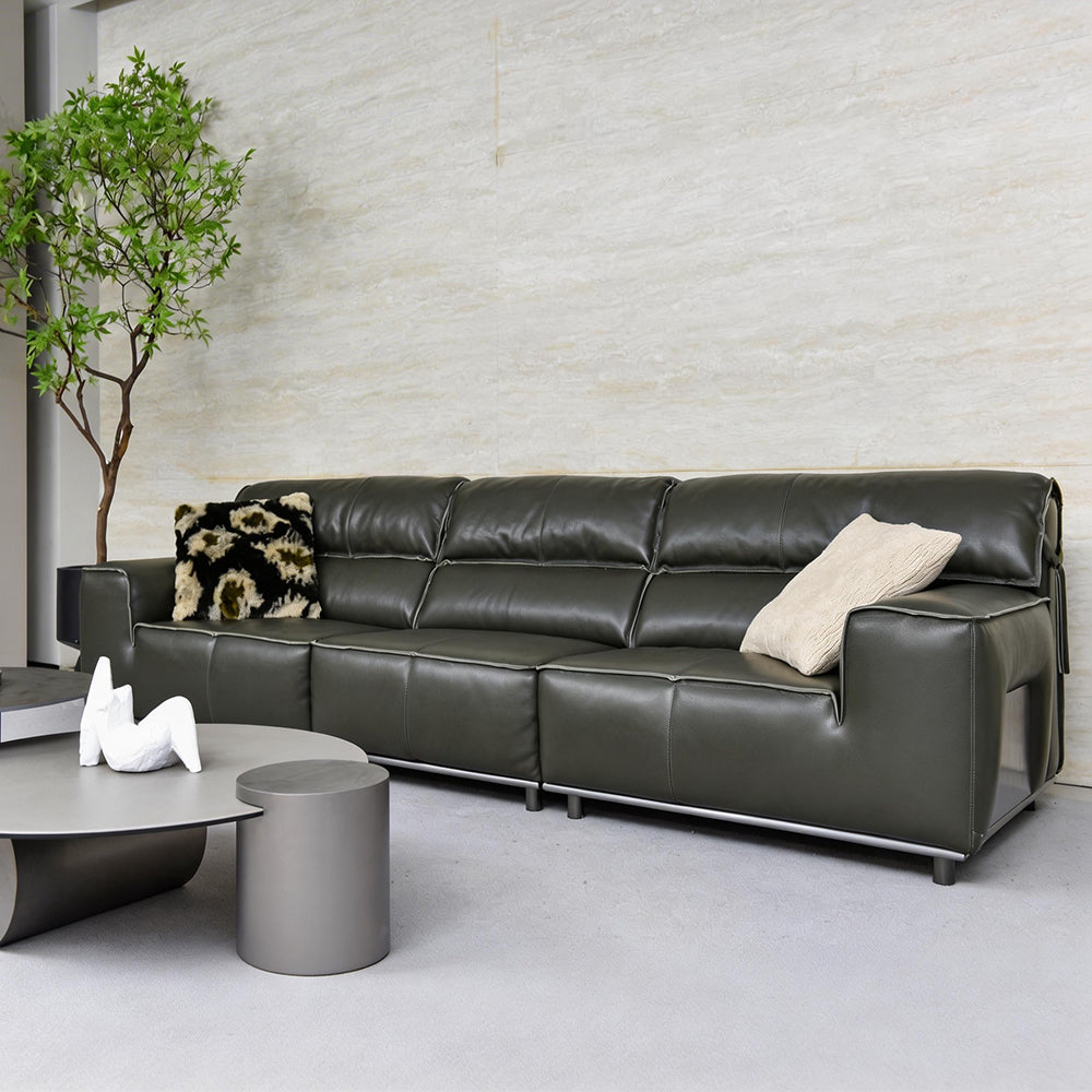 132.28" Modern Minimalist Genuine Leather Sofa Deep Green Upholstered Couch Wide Seat Living Room Sofa with Clean Lines