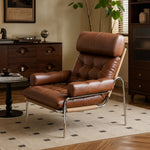 Load image into Gallery viewer, Mid-Century Brown Faux Leather Tufted Lounge Chair with Chrome Frame
