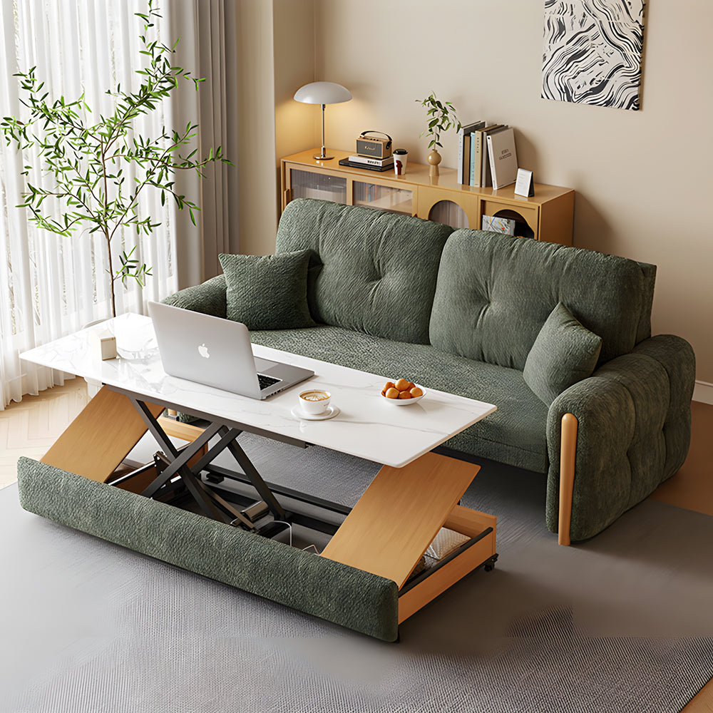 Modern smart sofa bed with built-in electric lift coffee table and hidden storage, upholstered in soft fabric