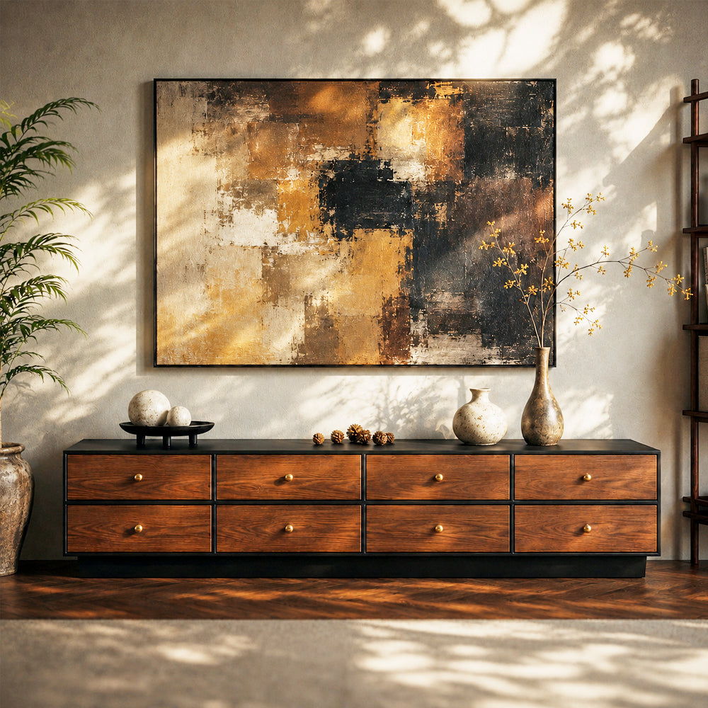 86.6'' Modern Walnut Low Profile TV Stand with Drawers Mid Century Media Console