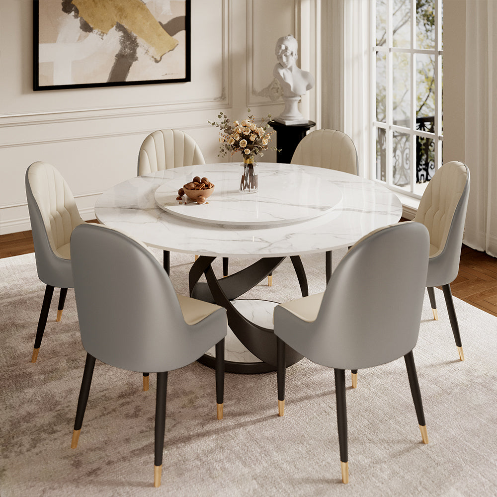 Round Dining Table Lazy Susan Marble Effect X Metal Base Perfect for 4-6 People