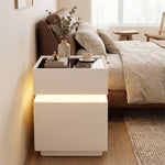 Load image into Gallery viewer, Modern LED Nightstand with Glass Top 2 Drawers Smart Bedside Table High Gloss White Design
