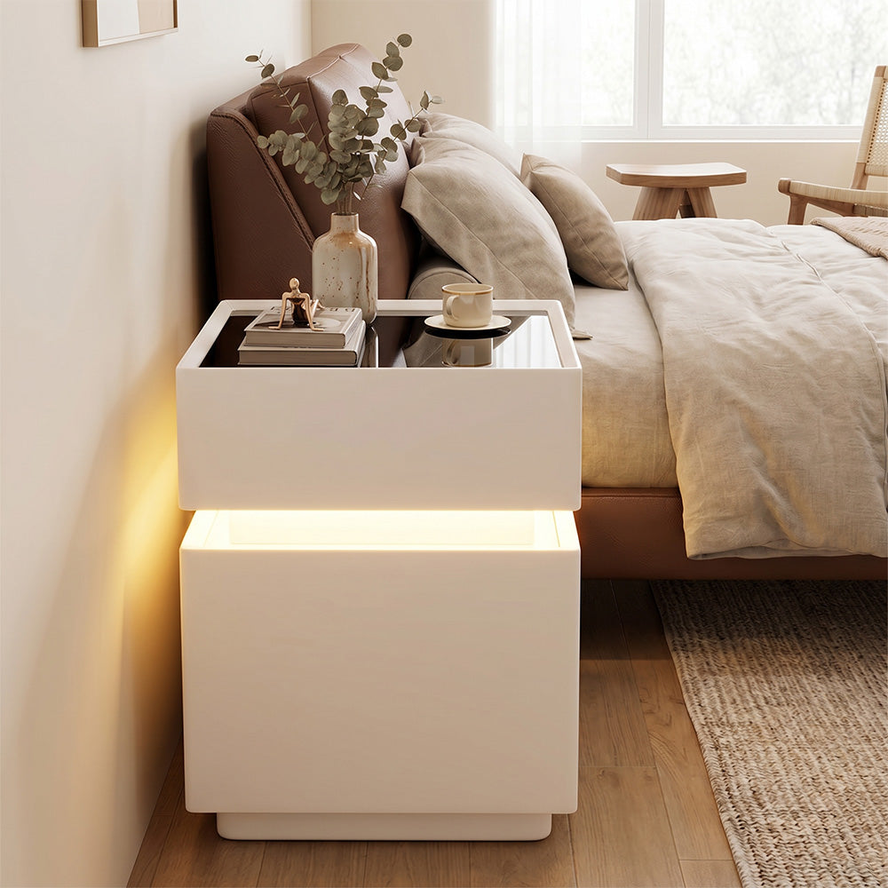 Modern LED Nightstand with Glass Top 2 Drawers Smart Bedside Table High Gloss White Design