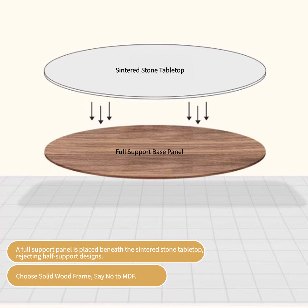 Round Dining Table Wooden Base and Ceramic Stone Top Modern Aesthetic