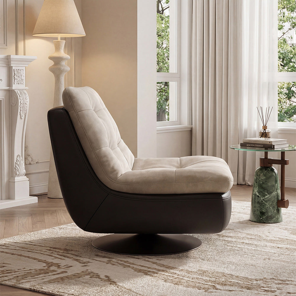 Modern Swivel Lounge Chair Upholstered Cushion Faux Leather Base Tufted Accent Chair Low Profile Design