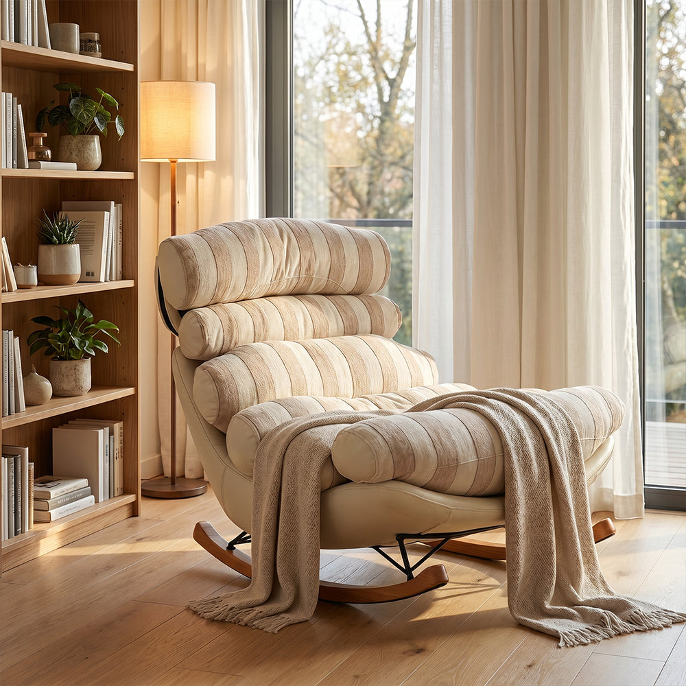 Modern Striped Rocking Lounge Chair with Plush Cushion and Solid Wood Rockers