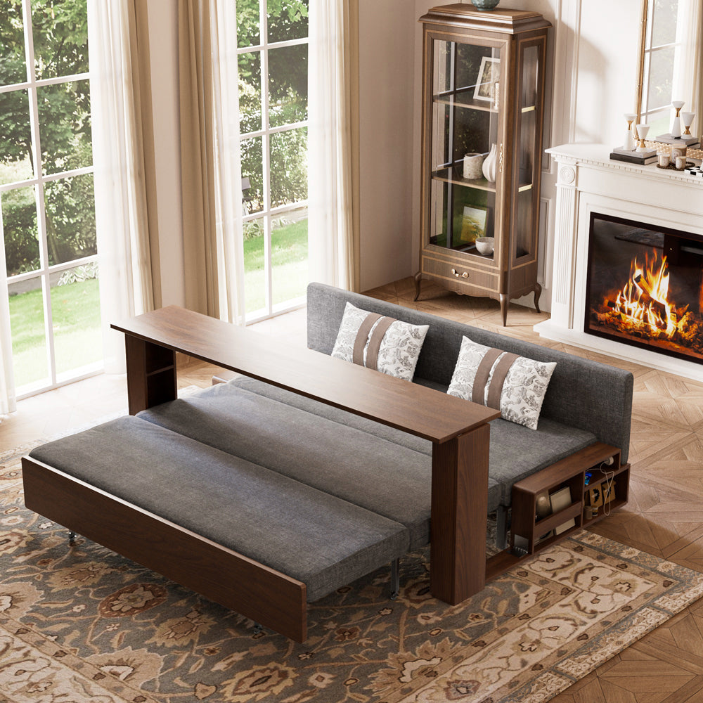 Angled view of the storage sofa bed showing the lift-up mechanism partially open