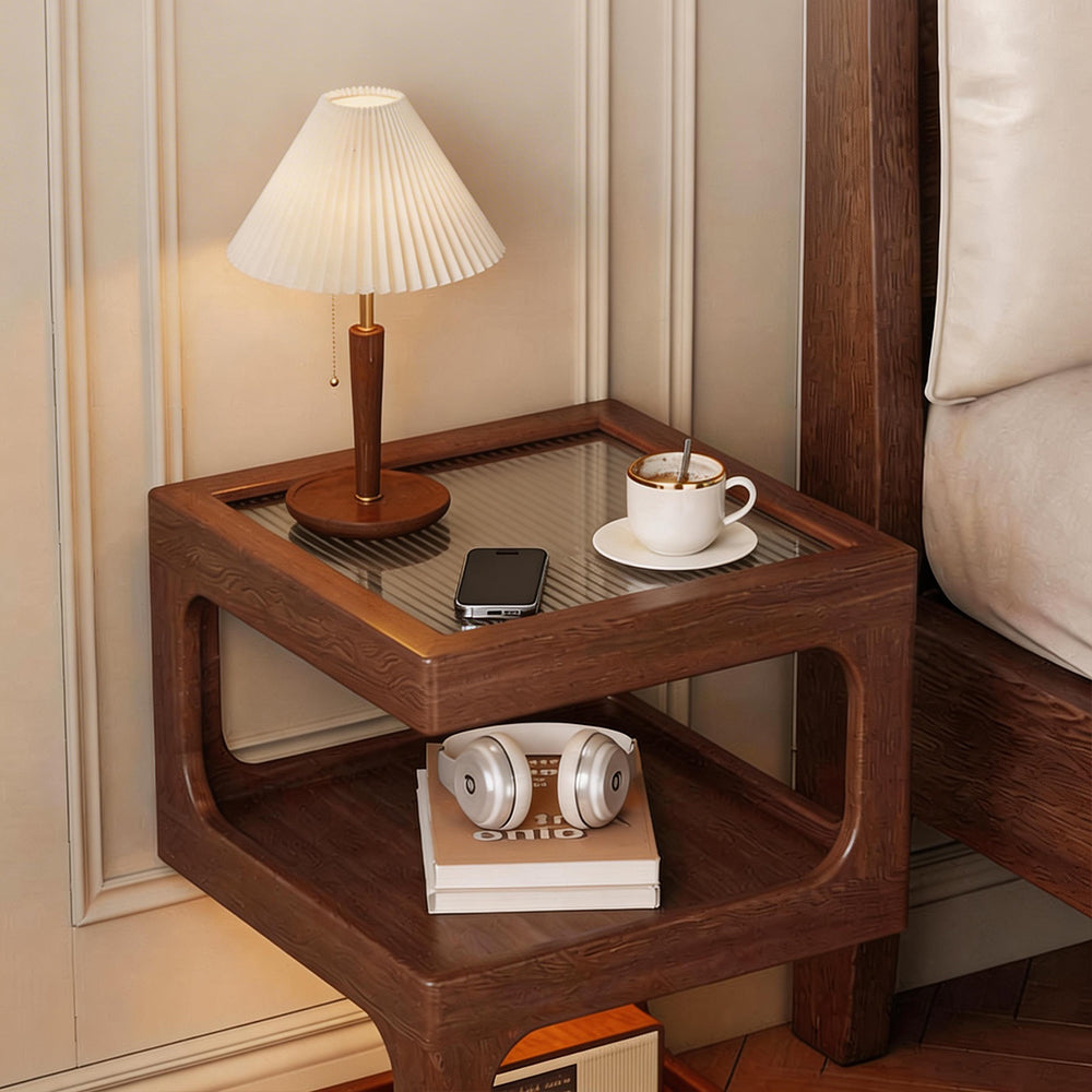 Modern Solid Wood Bedside Table with Fluted Glass Top Multi Layer Storage Nightstand