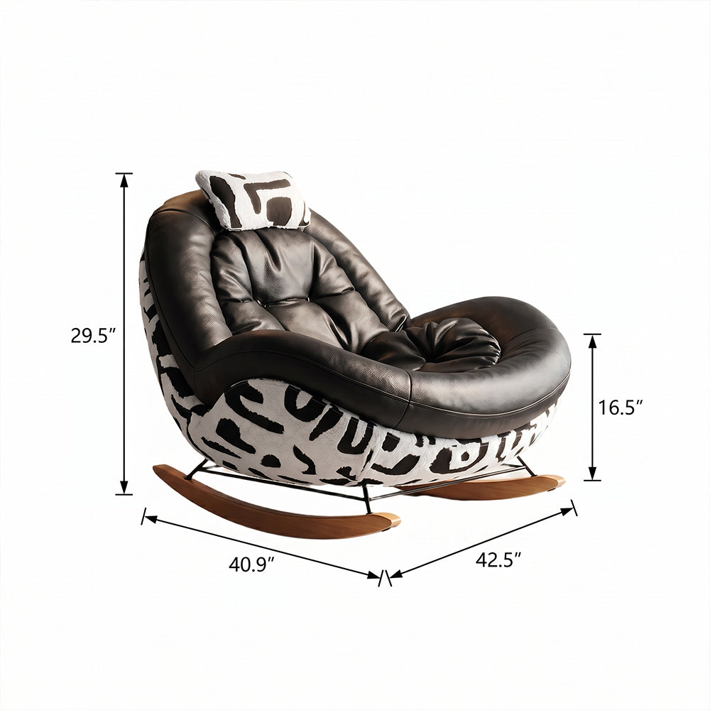 Bold Black Leather Rocking Lounge Chair with Patterned Fabric Shell