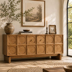 Load image into Gallery viewer, 62.99" Rustic Media Console with Circular Textured Doors and Concealed Storage and Cable Cutouts
