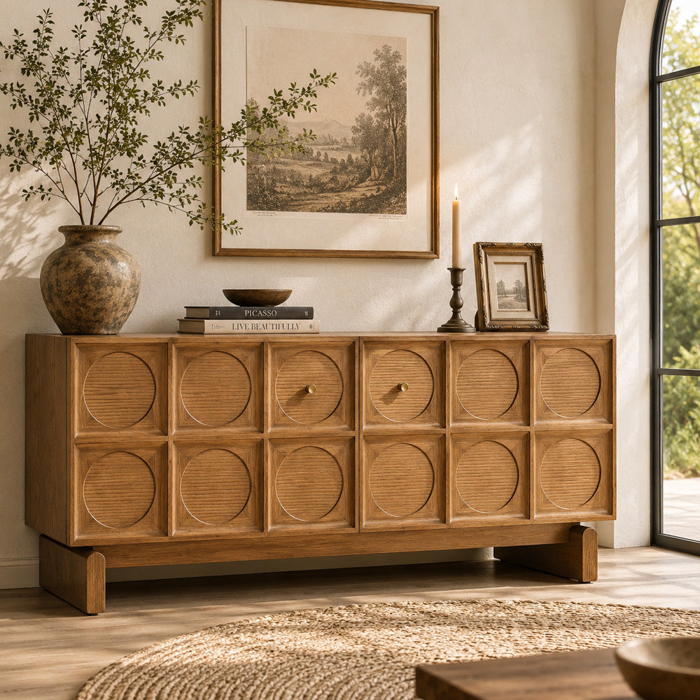 62.99" Rustic Media Console with Circular Textured Doors and Concealed Storage and Cable Cutouts