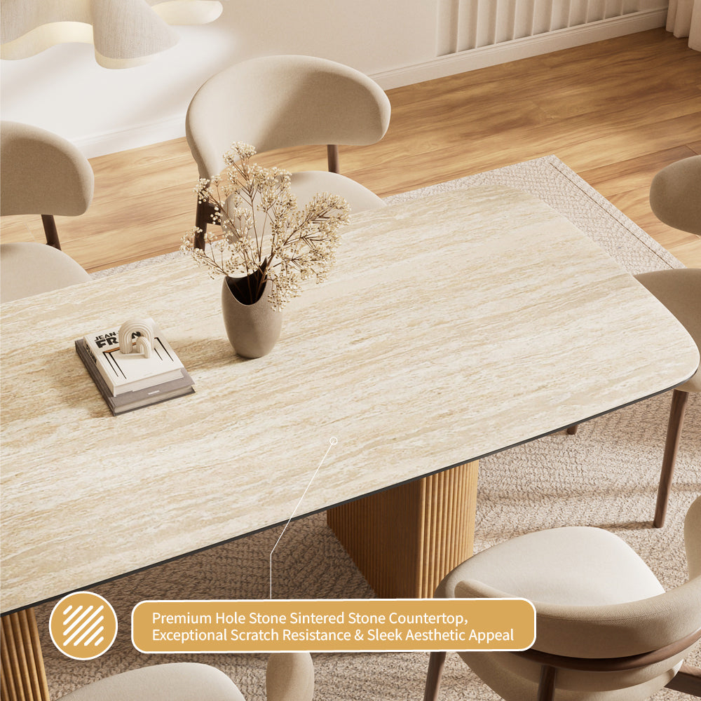 Square Dining Table White Marble Effect Top Semi-cylindrical Wooden Base for 6 People