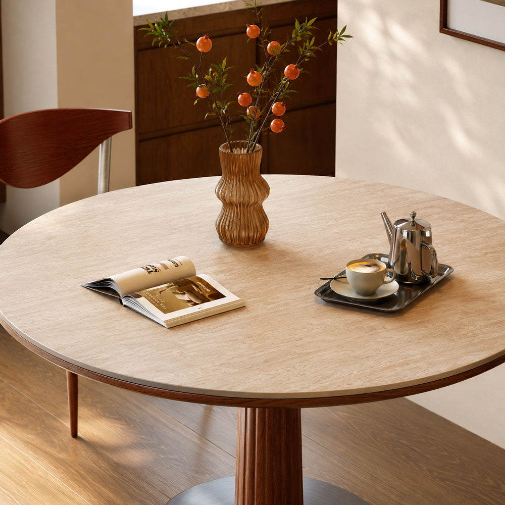 31.49" Modern Round Meeting Table Walnut Wood Veneer Pedestal Base Compact Dining & Conversation Table