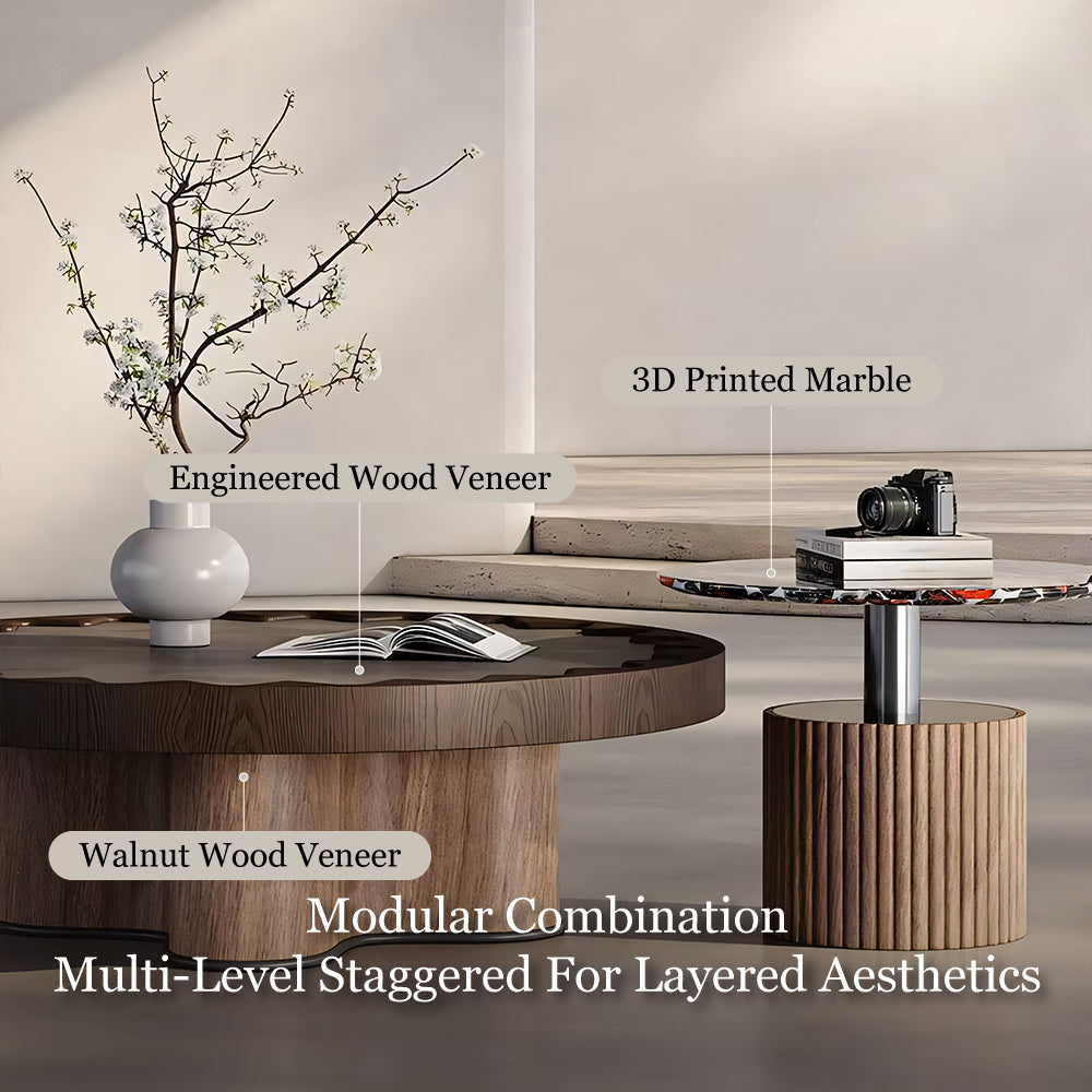 Modern Round Coffee Table Set with Sculptural Base & Glass Accent Side Table Luxury Contemporary Living Room Furniture
