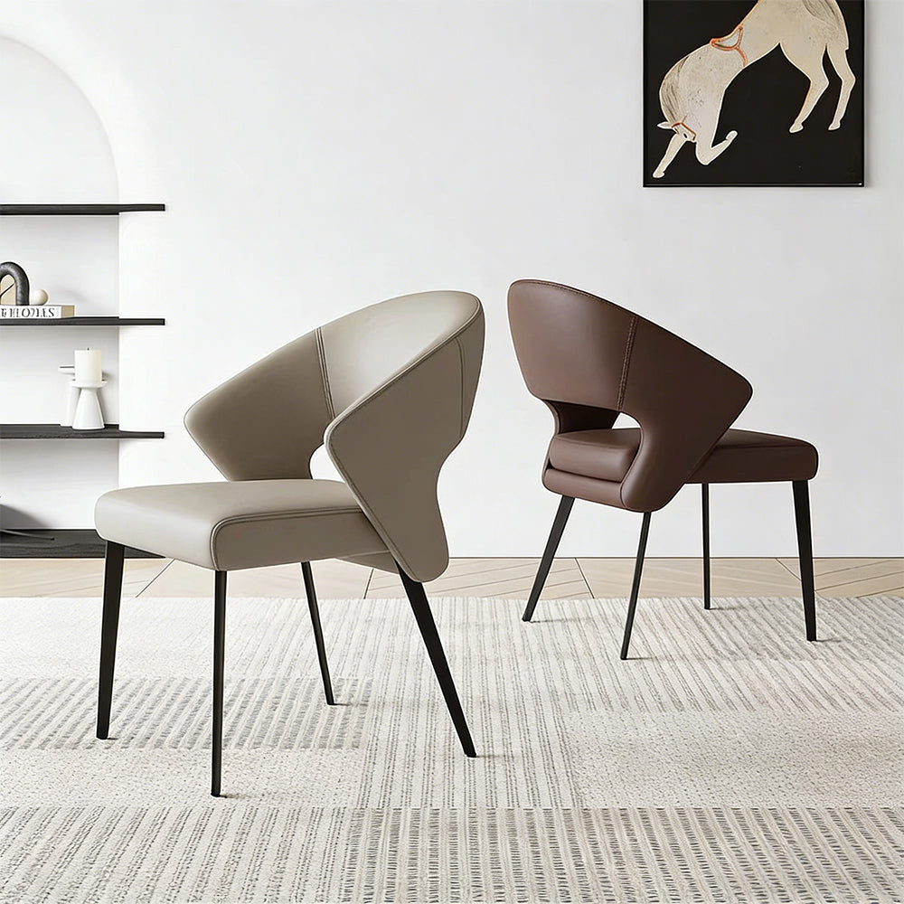 2PCS Modern Curved Upholstered Dining Chair Leather Accent Armchair with Black Metal Legs