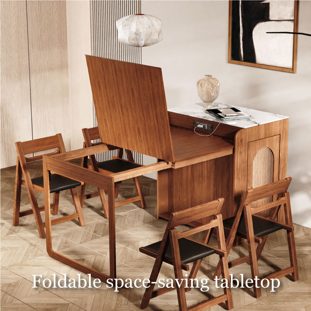 Wooden dining table with a foldable space-saving tabletop in a room setting.