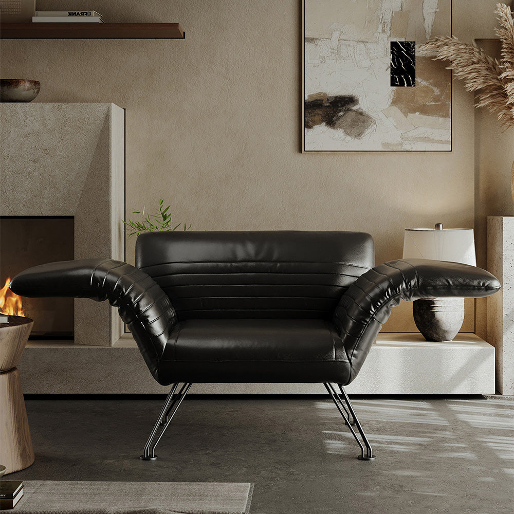 Modern Sculptural Leather Lounge Chair Adjustable Armrest Accent Chair with Metal Legs Contemporary Artistic Seating