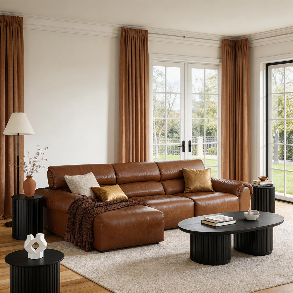 119.2'' Modern Genuine Leather Power Reclining Sofa Remote Control Adjustable Seats Brown Leather Couch