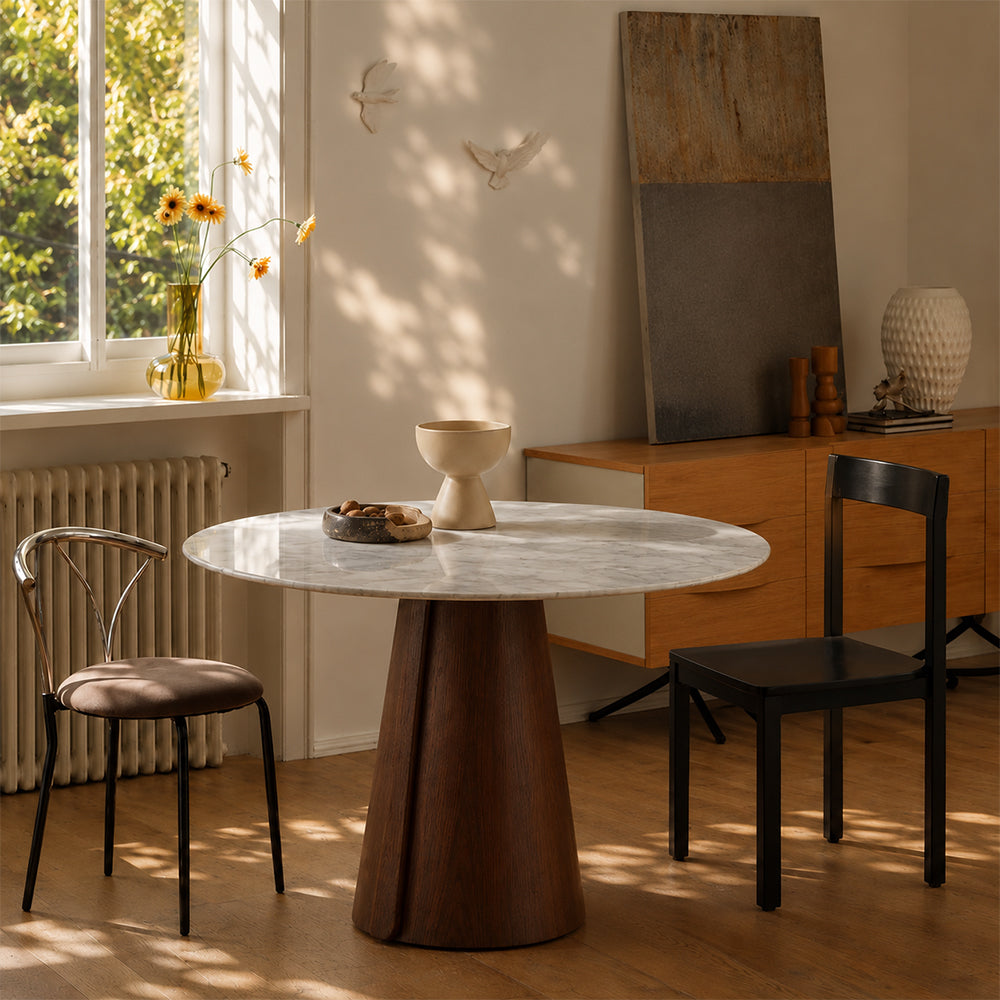 Modern Round Dining Table with Walnut Veneer Top & Travertine-Inspired Pedestal Base