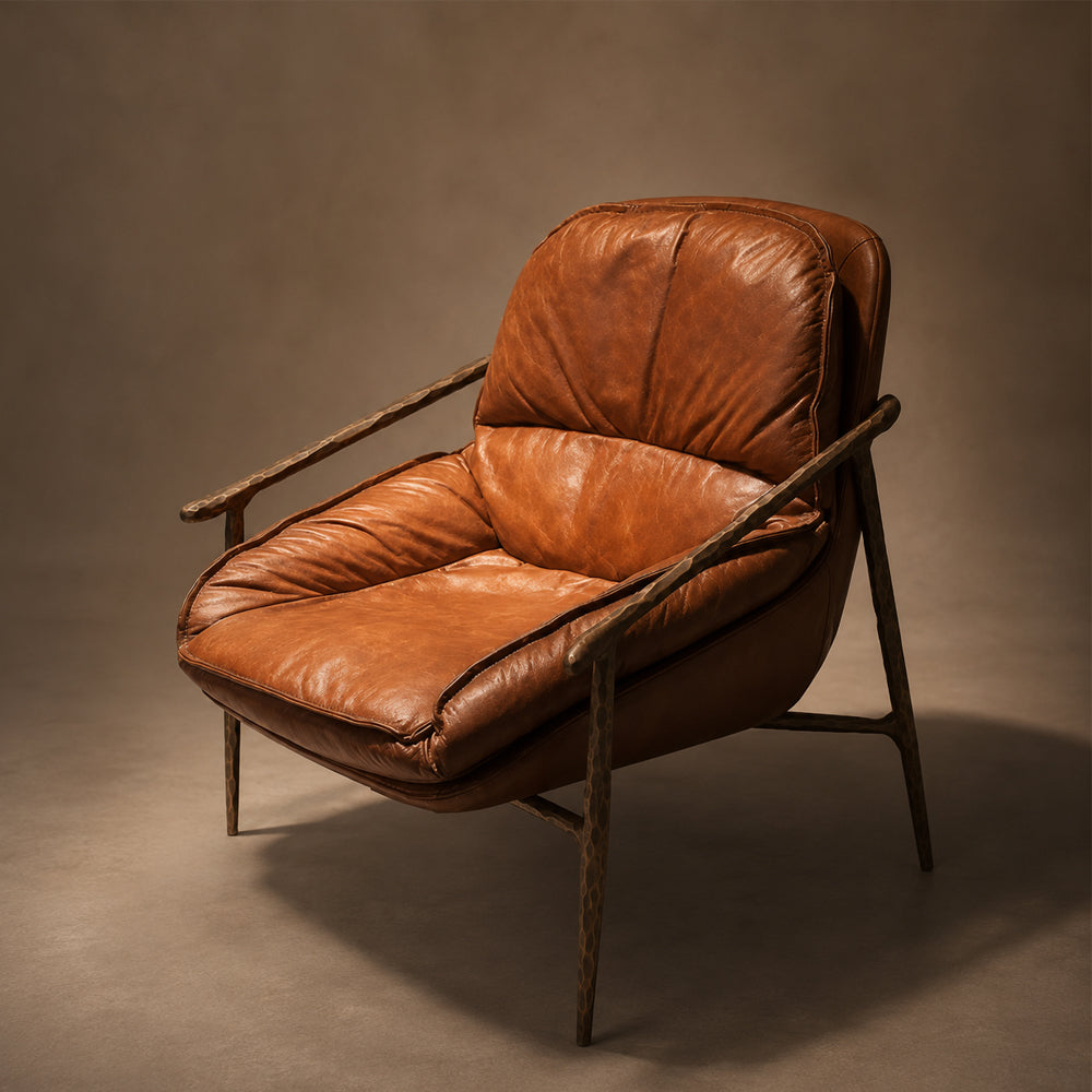 Vintage Leather Lounge Chair Mid Century Accent Chair with Wrought Iron Fram