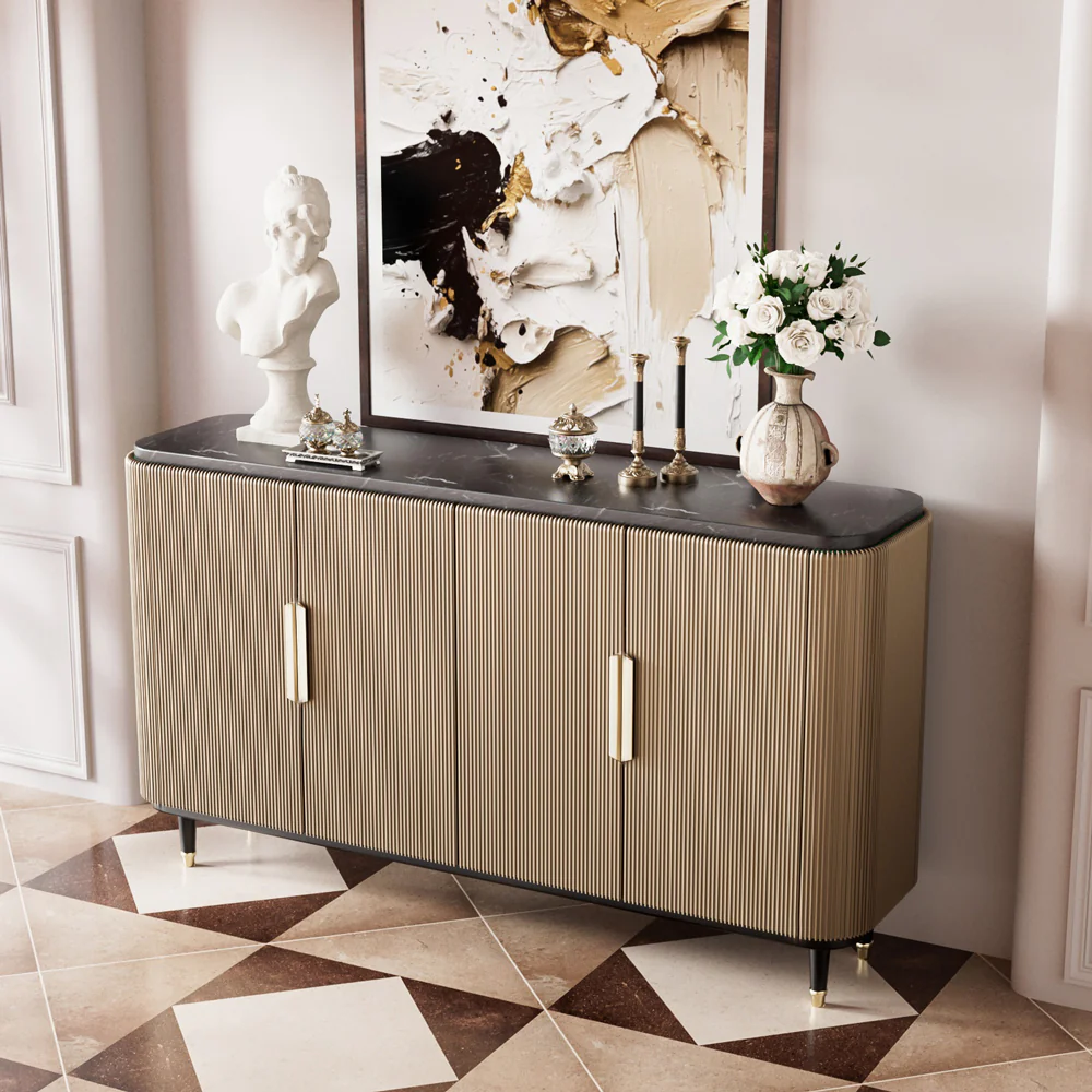 Modern Luxury Dining Set S-Shaped Walnut Base Marble-Effect Table × Gray & Gold Sideboard