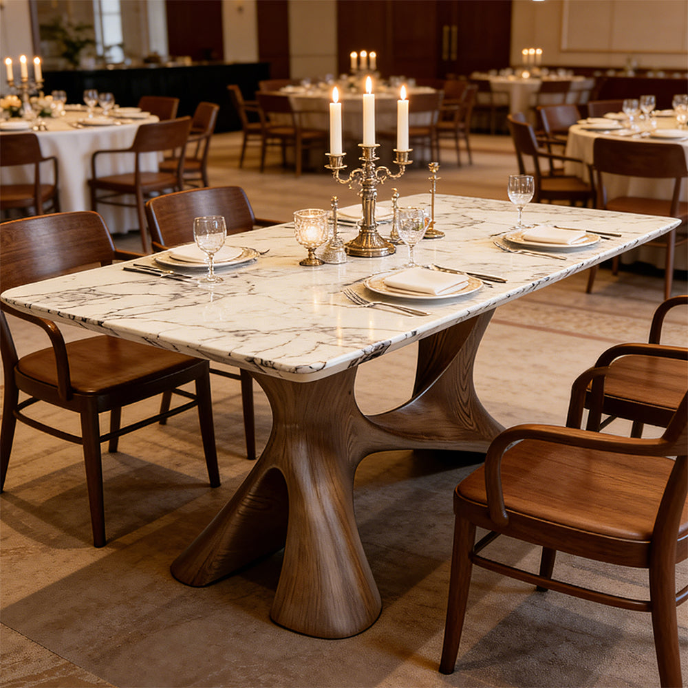 Modern Oval Dining Table with Porcelain Marble Top and Walnut