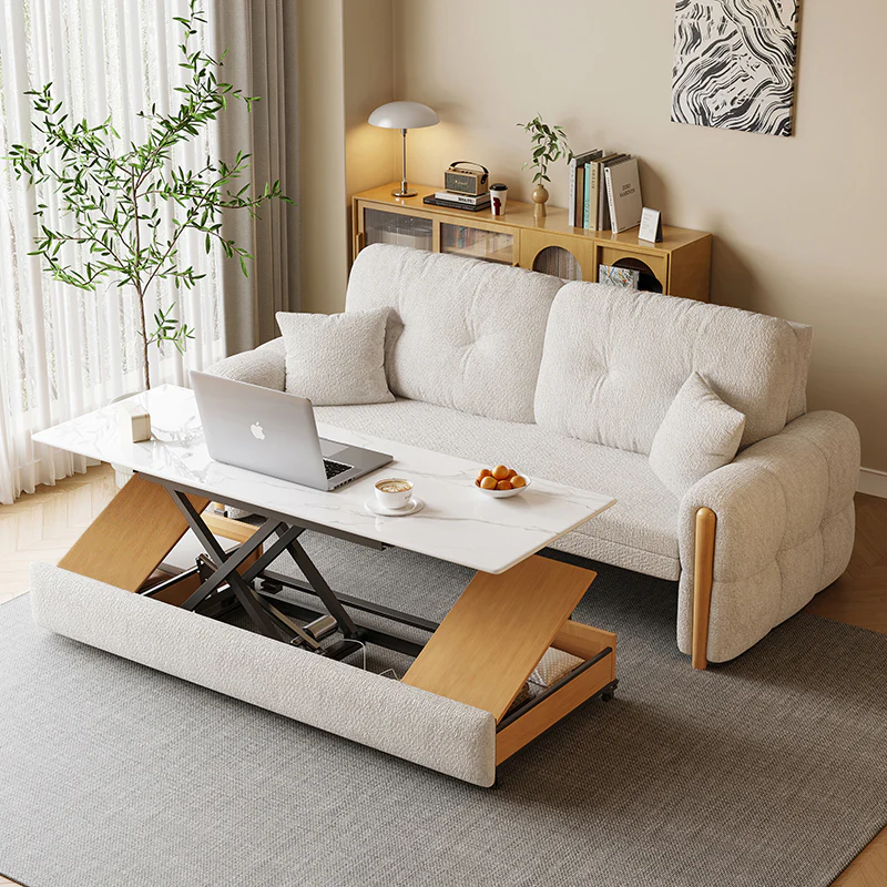 Smart sofa bed with electric lift coffee table raised for workspace or dining