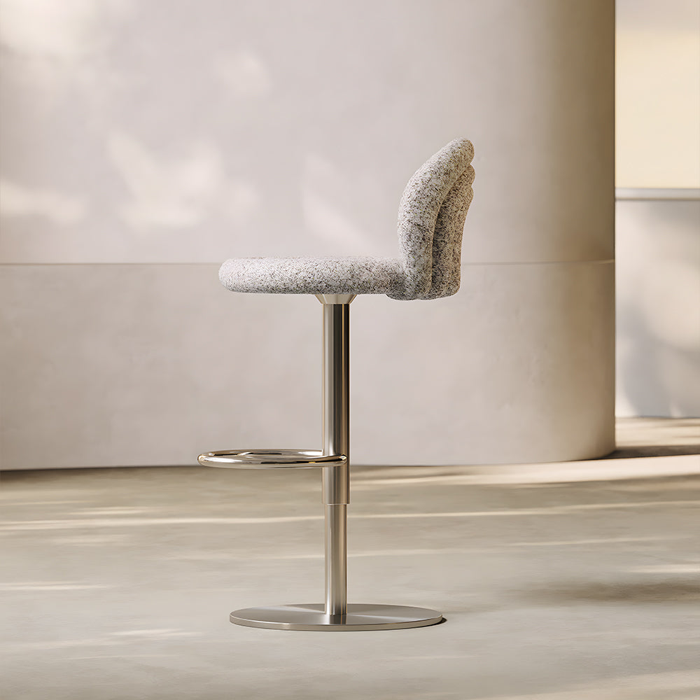 1 Piece Modern Boucle Adjustable Bar Stool with Sculptural Backrest and Stainless Steel Base